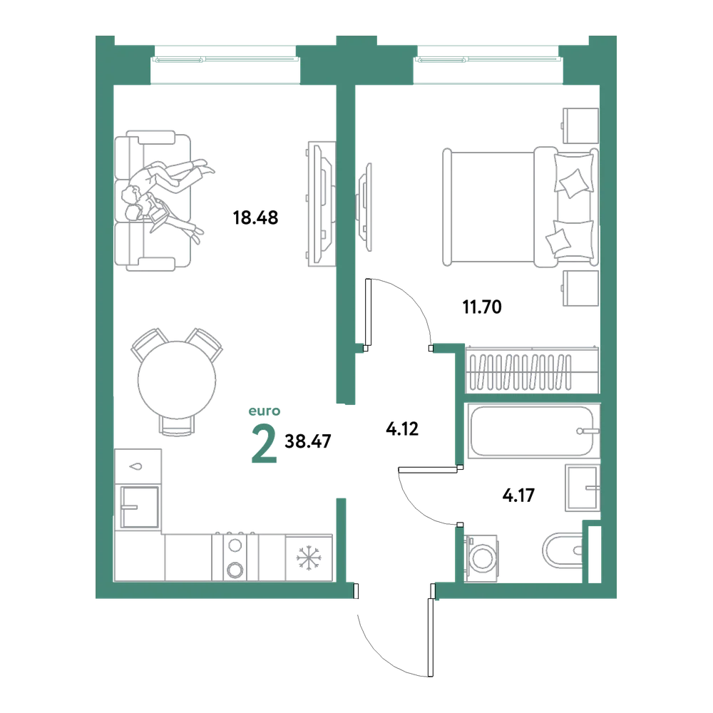 Планировка: Евродвушка 38,47 м²