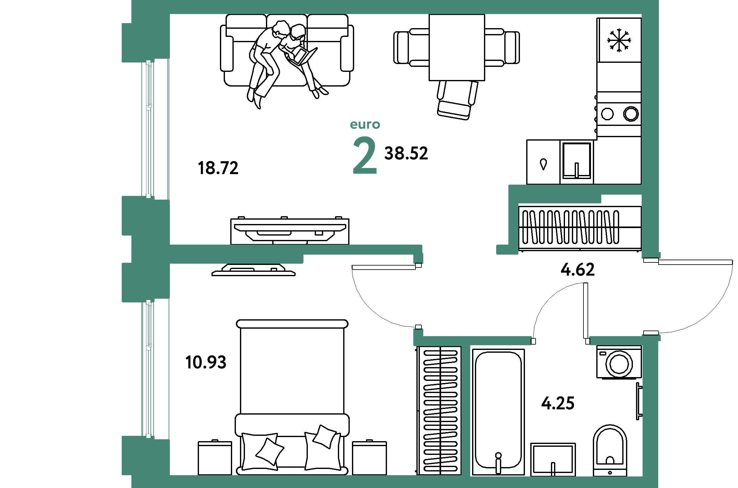 Планировка: Евродвушка 38,52 м² в ЖК «Европейский берег 2.0»