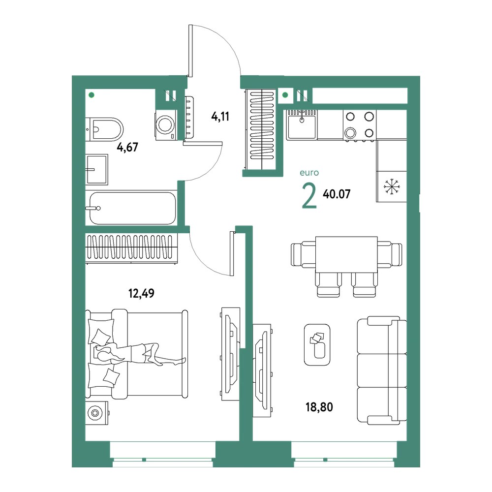 Планировка: Евродвушка 40,07 м²