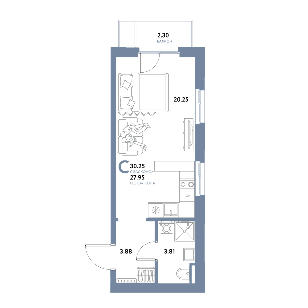 Планировка: Студия 30,25 м²
