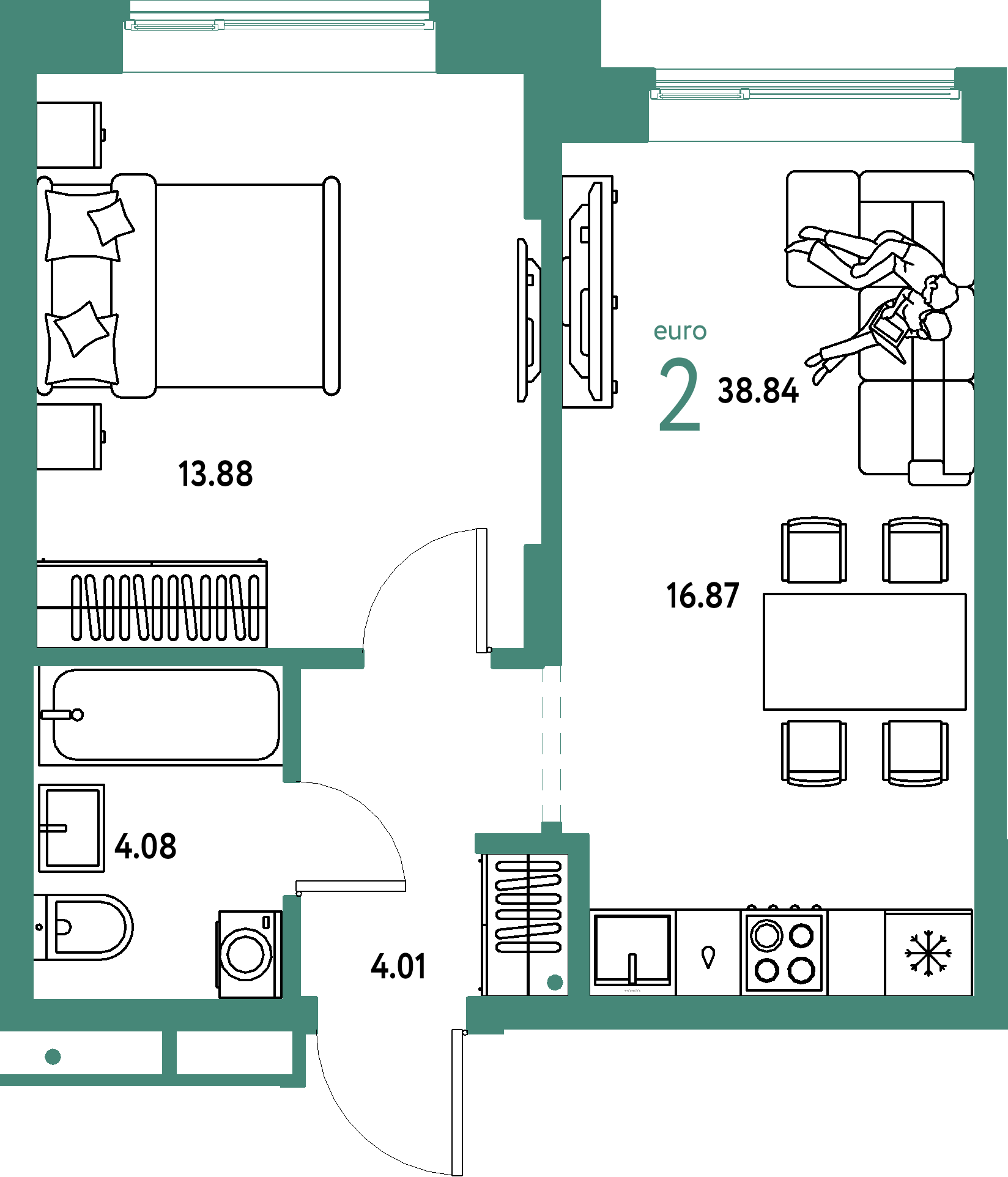 Планировка: Евродвушка 38,84 м² в ЖК «Домашний»