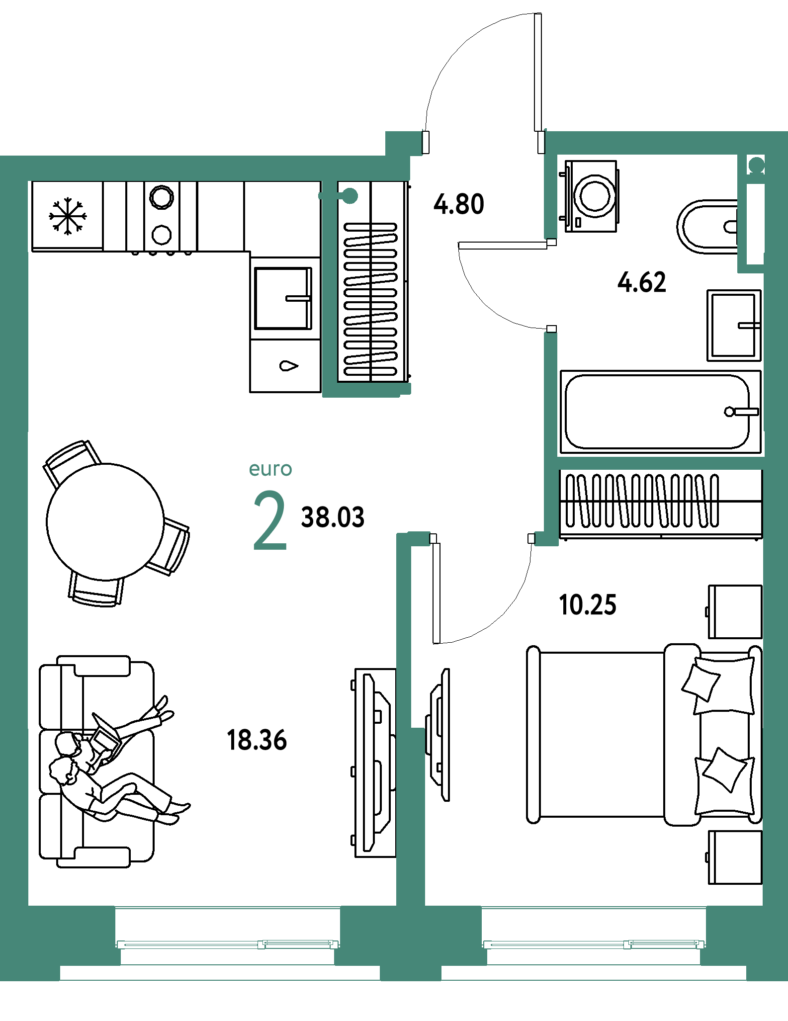 Планировка: Евродвушка 38,03 м² в ЖК «Остров-сад»