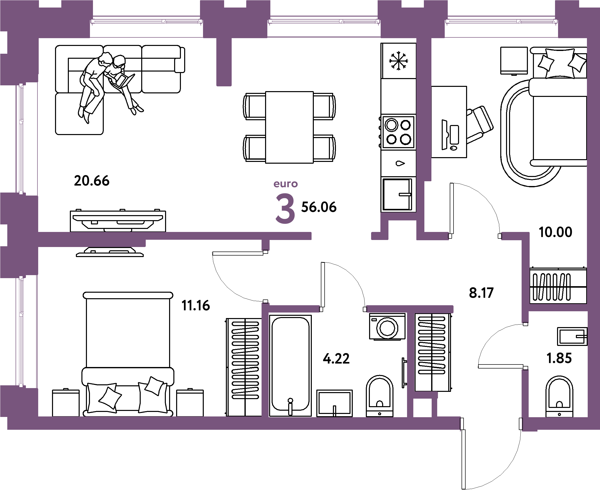 Планировка: Евротрёшка 56,06 м² в ЖК «Европейский берег 2.0»