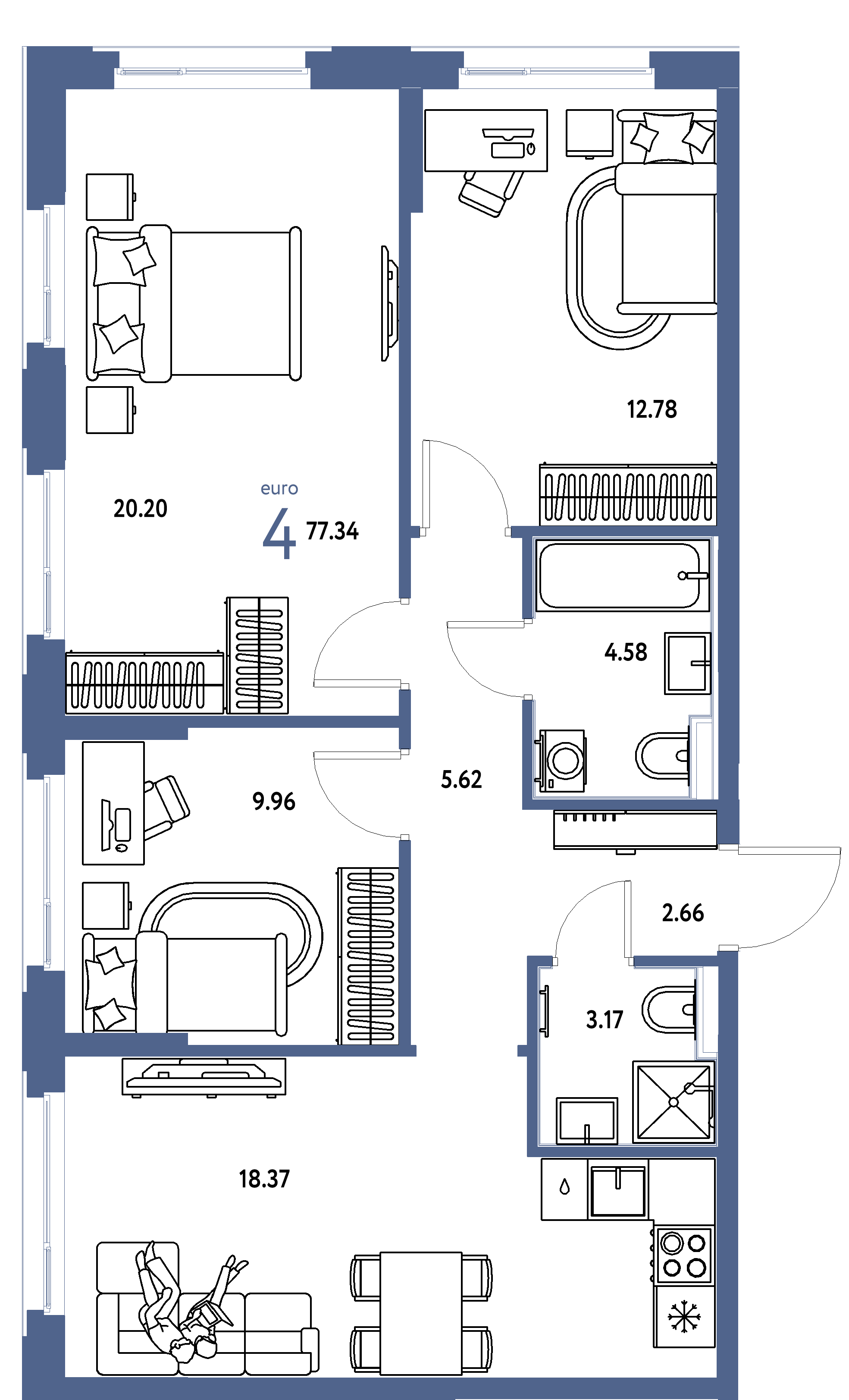Планировка: Евро-4 77,34 м² в ЖК «Сердце Сибири»