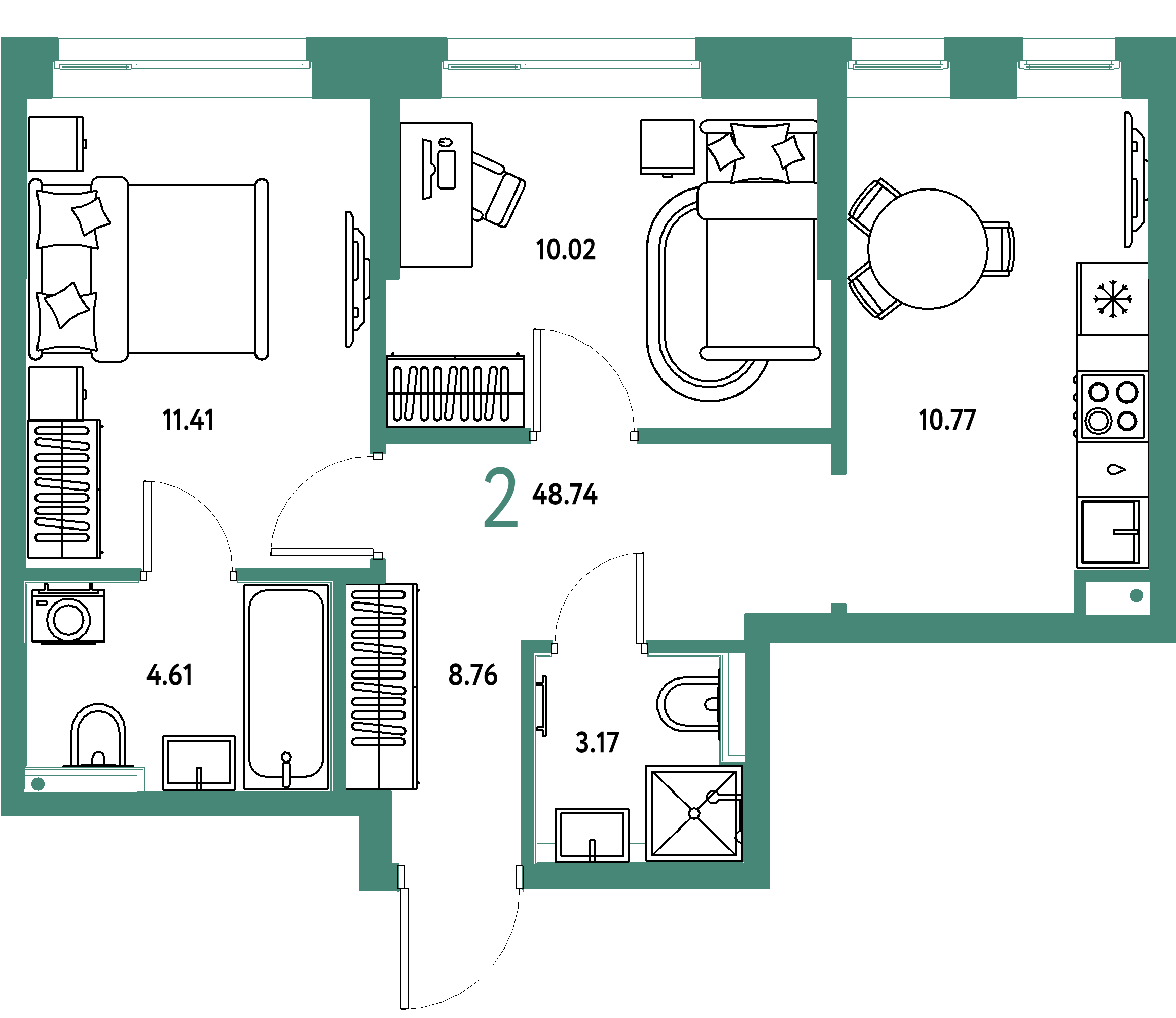 Планировка: 2-комнатная 48,74 м² в ЖК «Остров-сад»