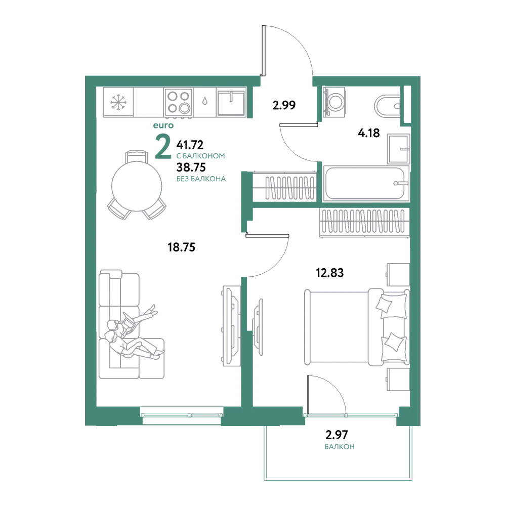 Планировка: Евродвушка 41,72 м²