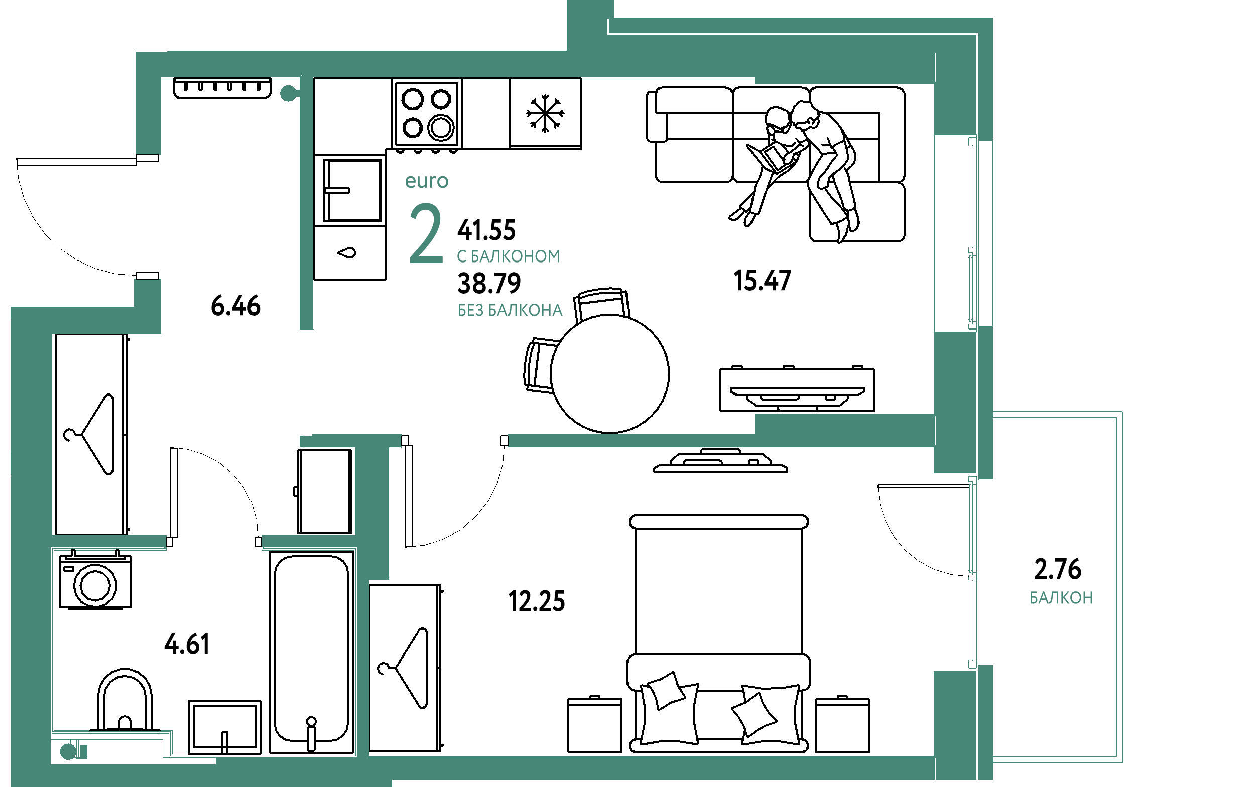 Планировка: Евродвушка 41,55 м² в ЖК «Европейский берег 2.0»