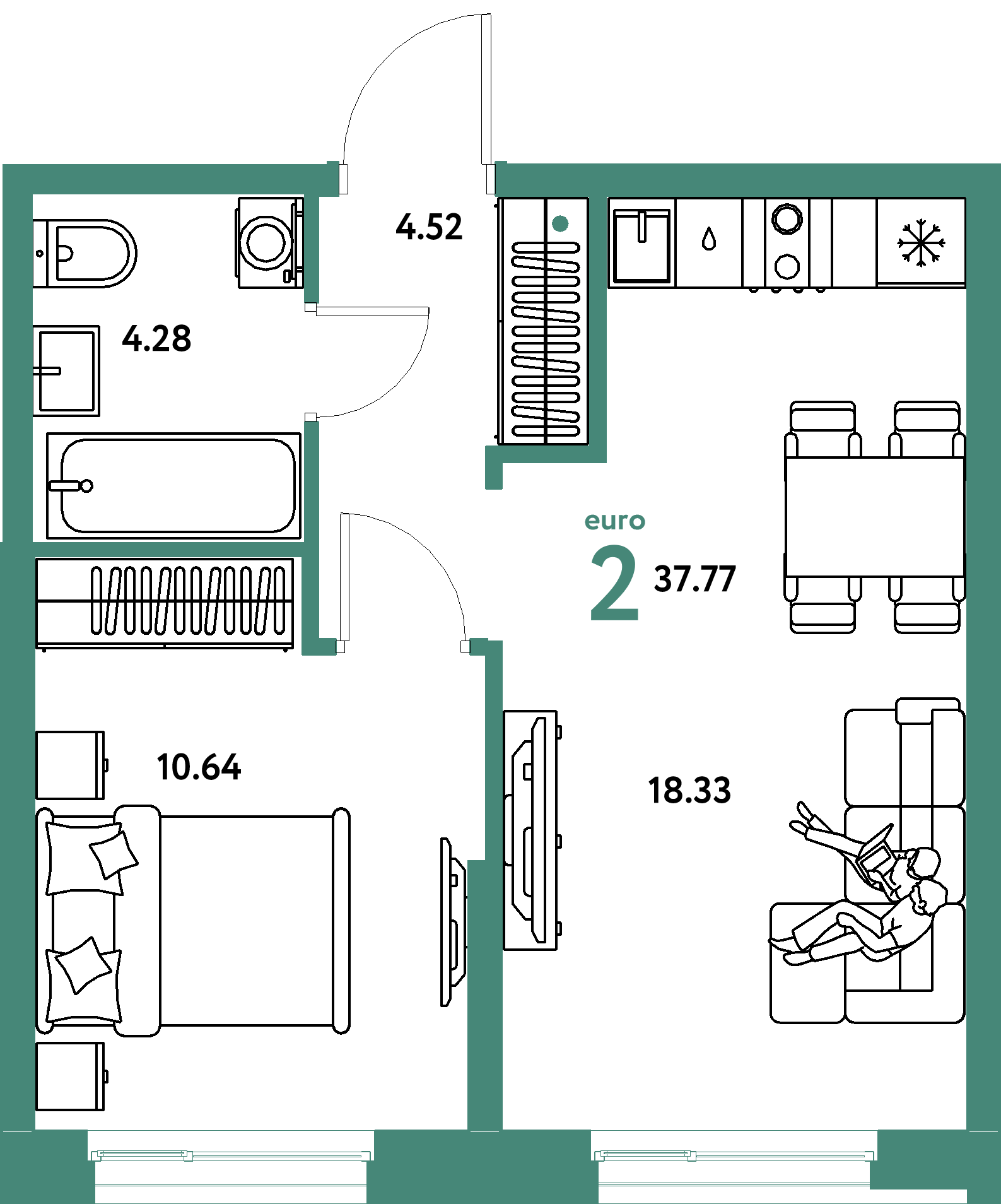 Планировка: Евродвушка 37,77 м² в ЖК «Европейский берег 2.0»