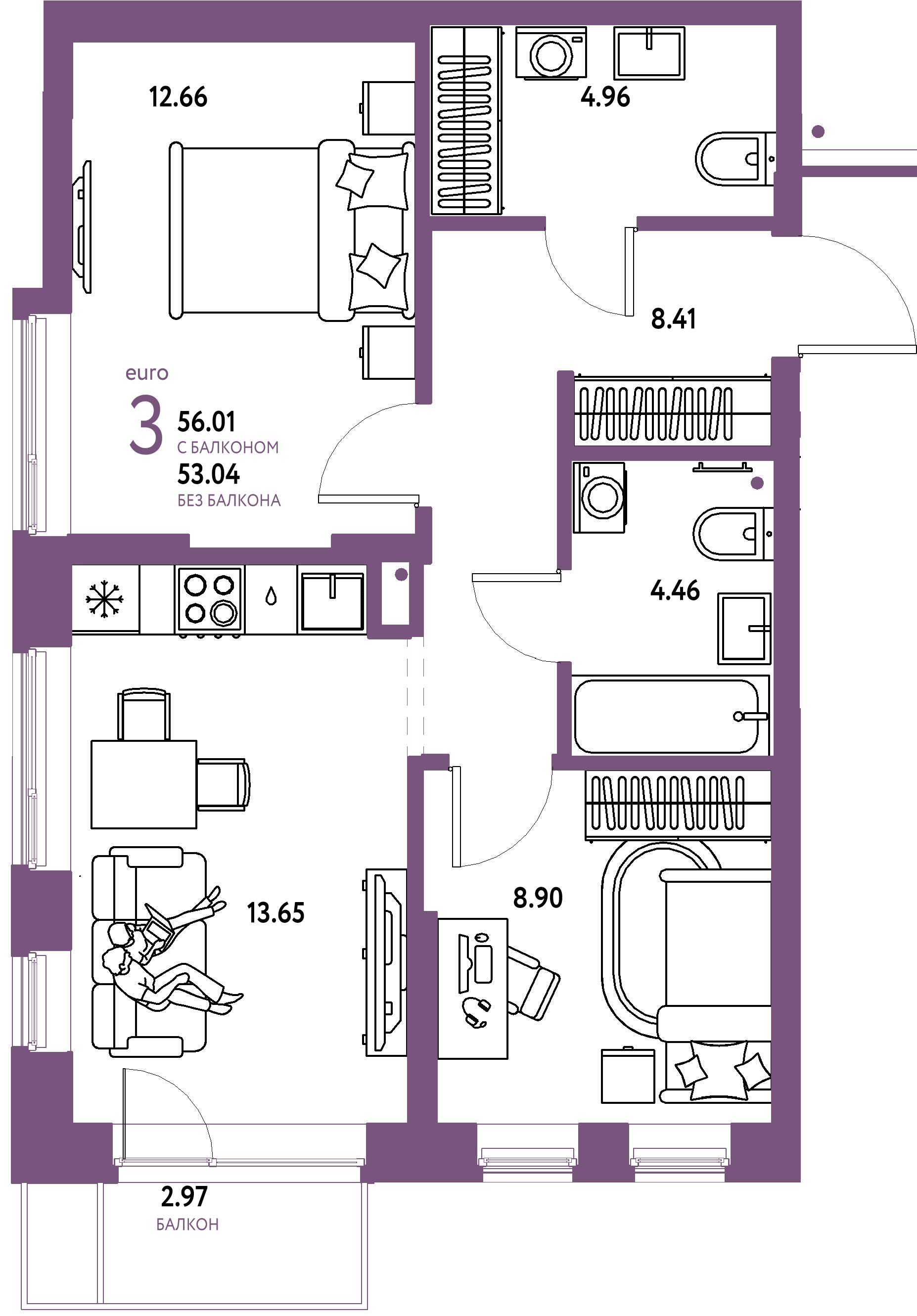 Планировка: Евротрёшка 56,01 м² в ЖК «Домашний»