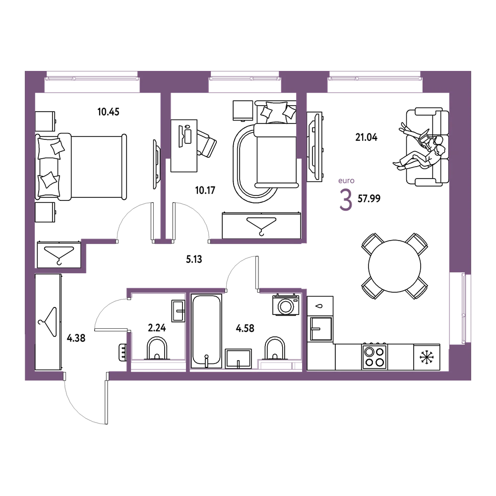 Планировка: Евротрёшка 57,99 м²