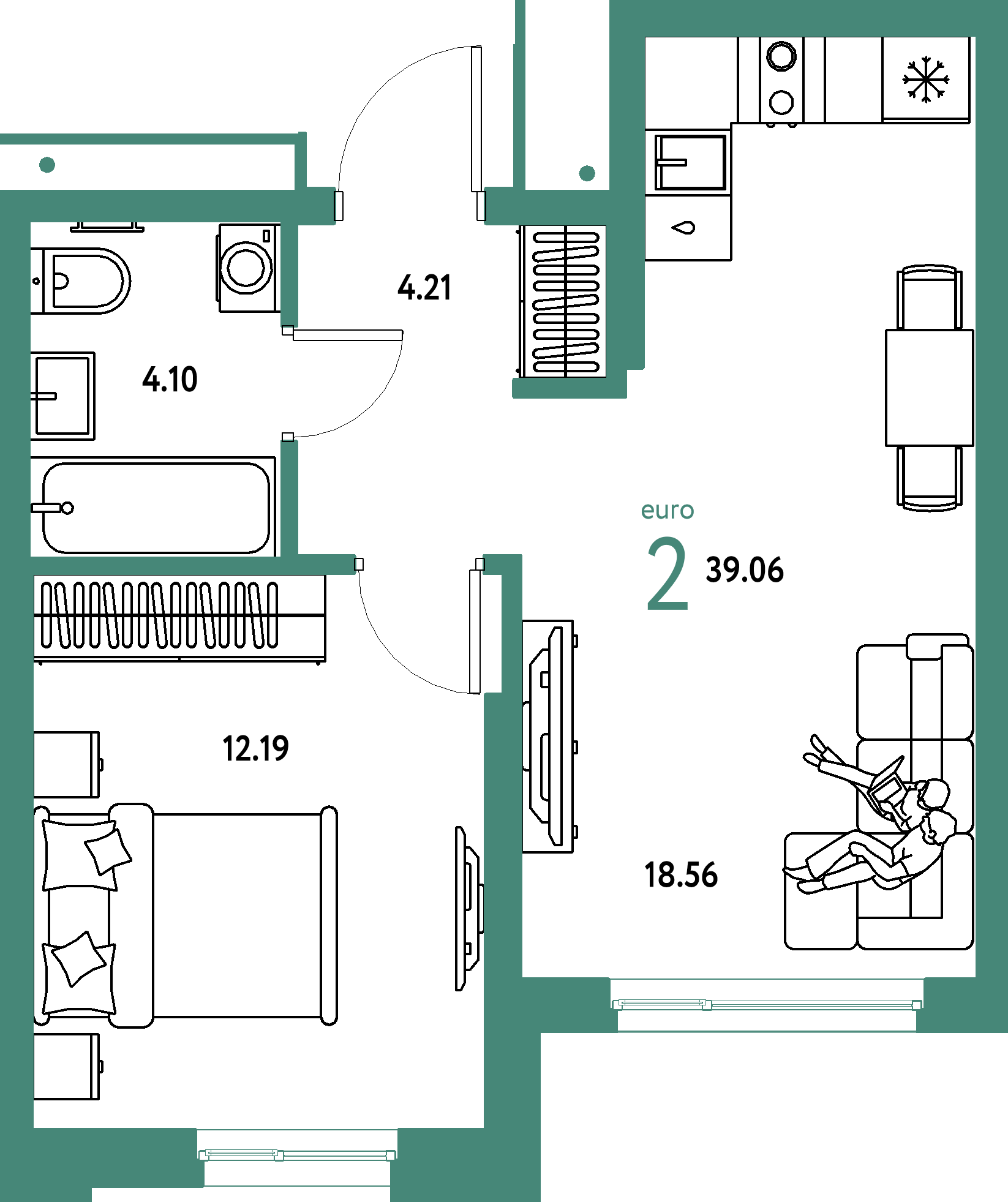 Планировка: Евродвушка 39,06 м² в ЖК «Домашний»