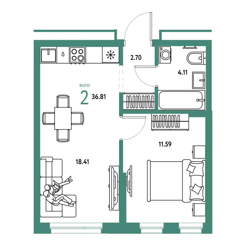 Планировка: Евродвушка 36,81 м²