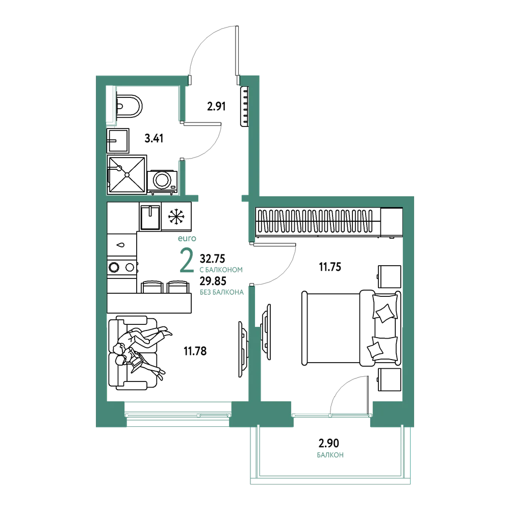 Планировка: Евродвушка 32,75 м²