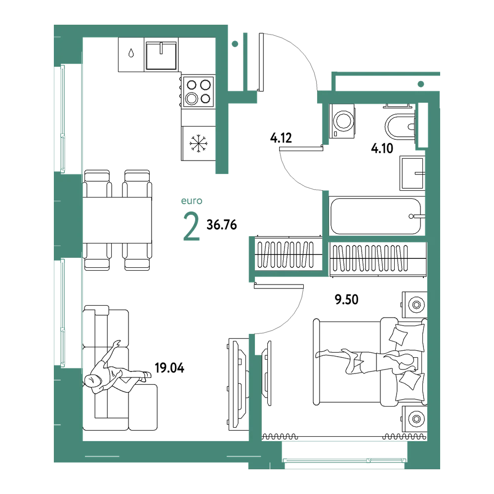 Планировка: Евродвушка 36,76 м²