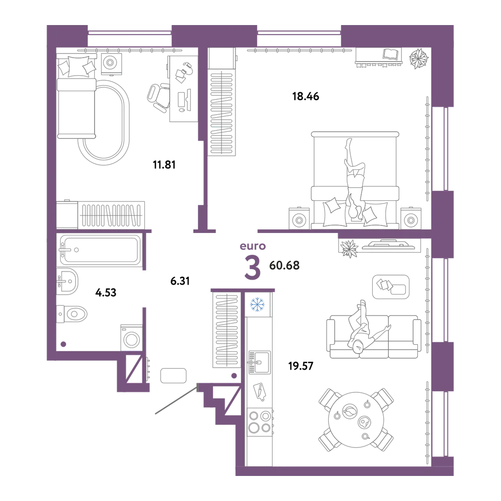 Планировка: Евротрёшка 60,68 м²
