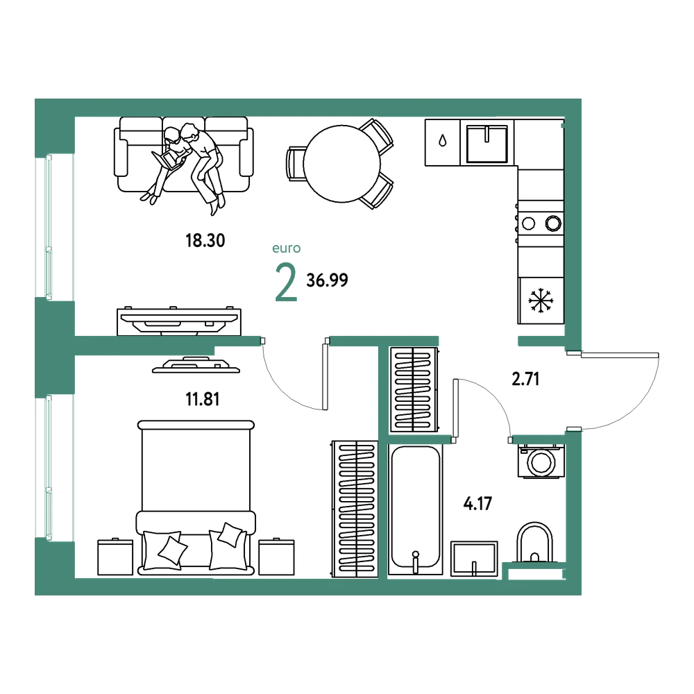 Планировка: Евродвушка 36,99 м²
