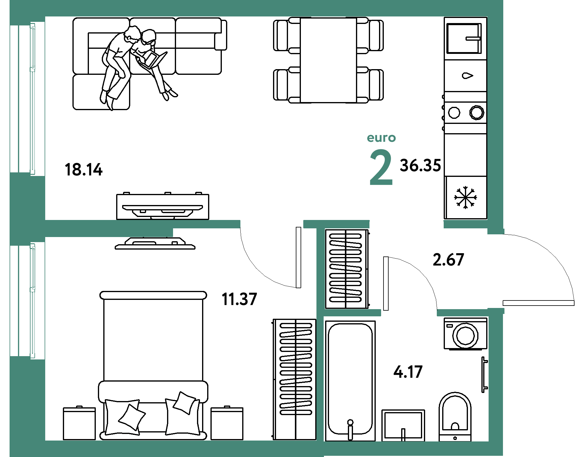 Планировка: Евродвушка 36,35 м² в ЖК «Европейский берег 2.0»