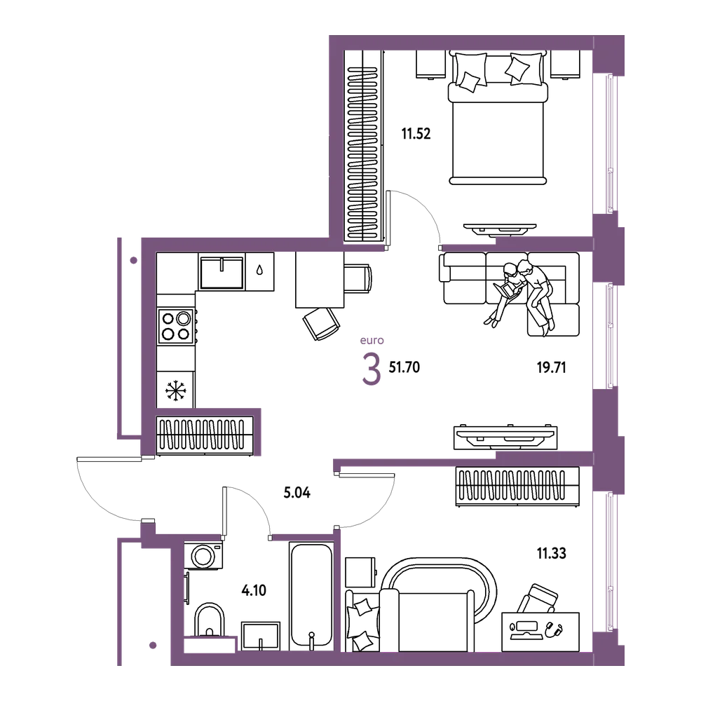 Планировка: Евротрёшка 51,7 м²