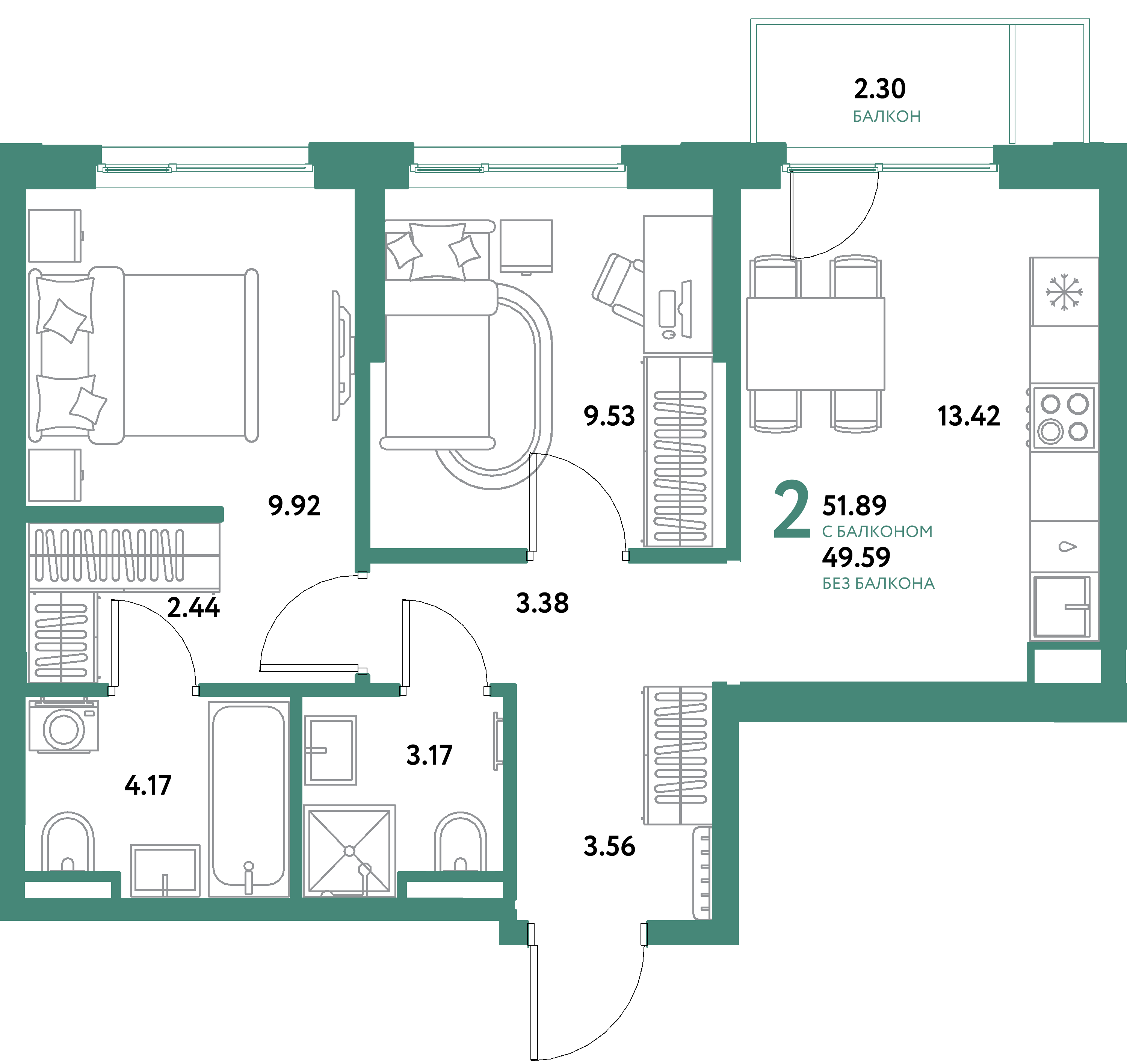 Планировка: 2-комнатная 51,89 м² в ЖК «Остров-сад»