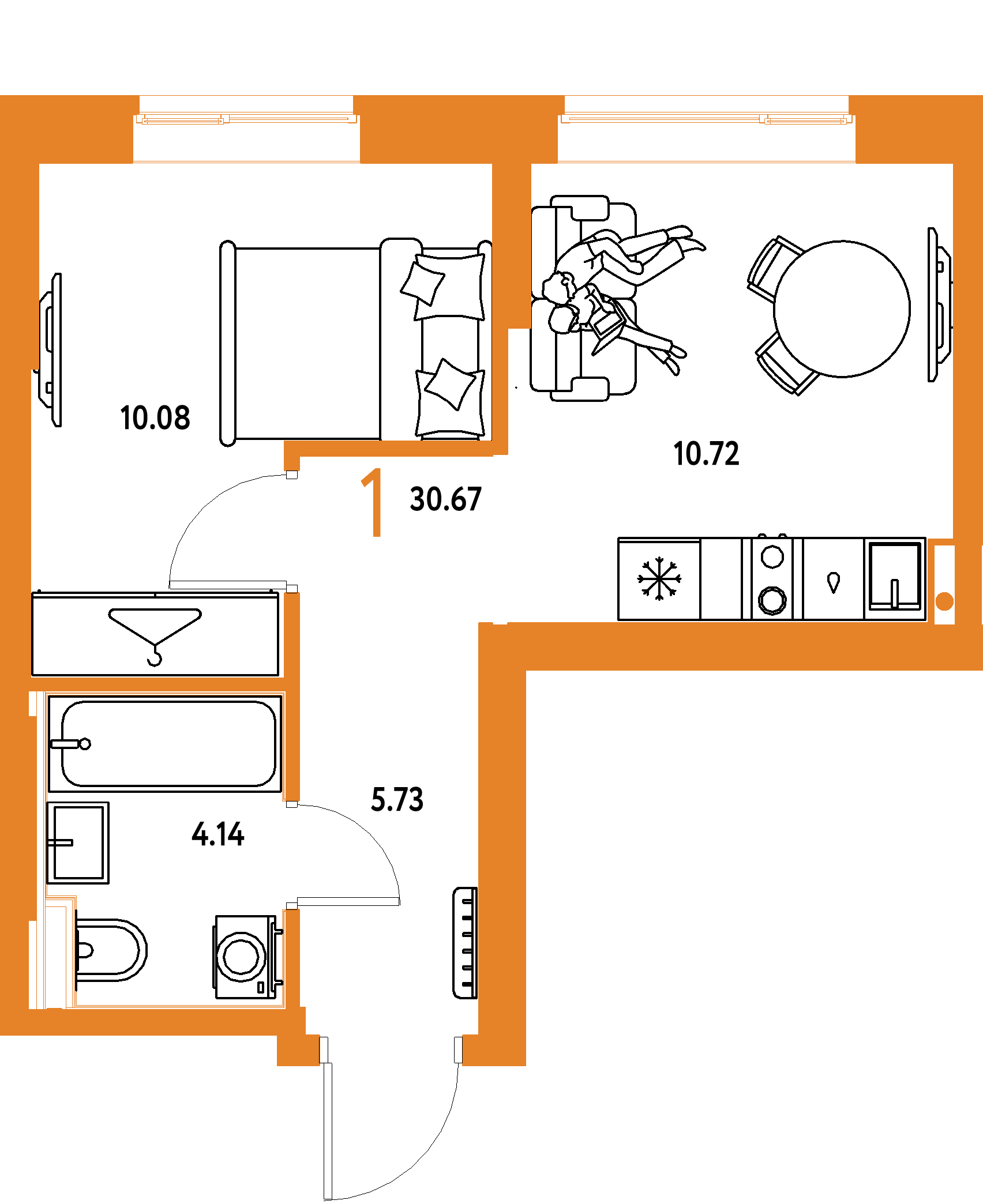 Планировка: 1-комнатная 30,67 м² в ЖК «Европейский берег 2.0»