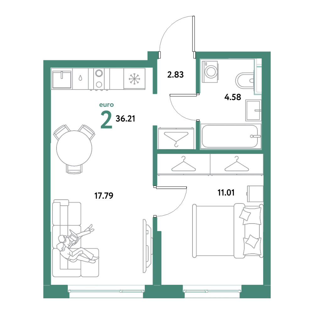 Планировка: Евродвушка 36,21 м²