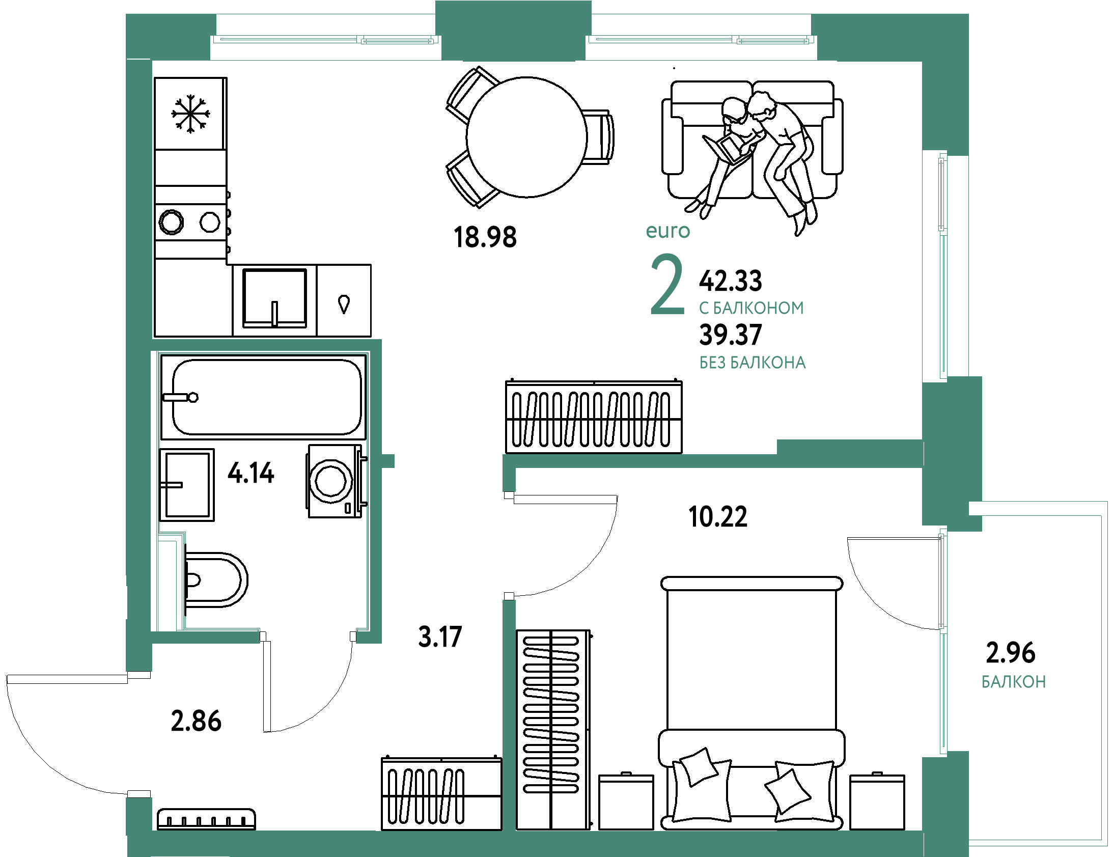 Планировка: Евродвушка 42,05 м² в ЖК «Домашний»