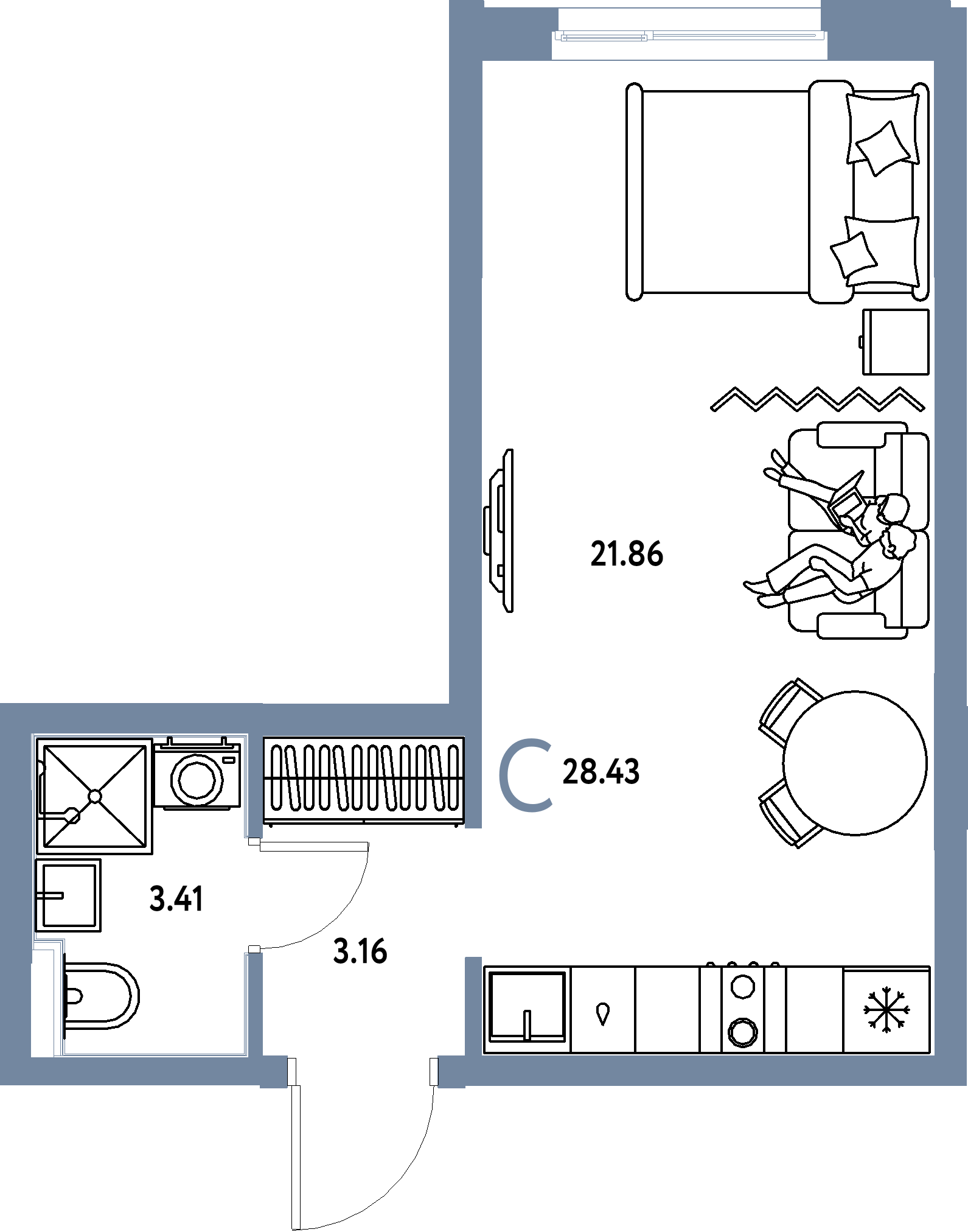 Планировка: Студия 28,43 м² в ЖК «Домашний»