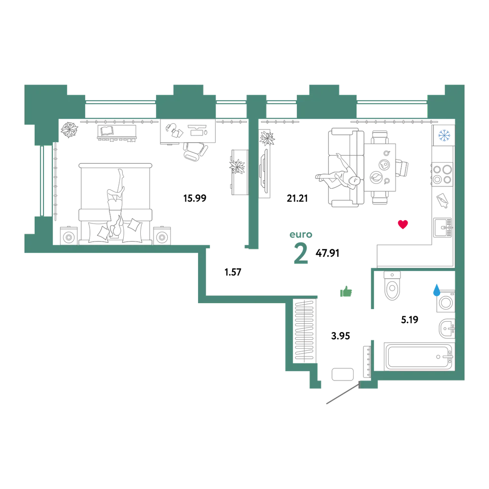 Планировка: Евродвушка 47,92 м²