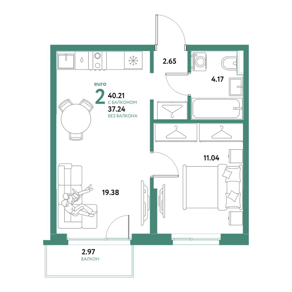Планировка: Евродвушка 40,21 м²