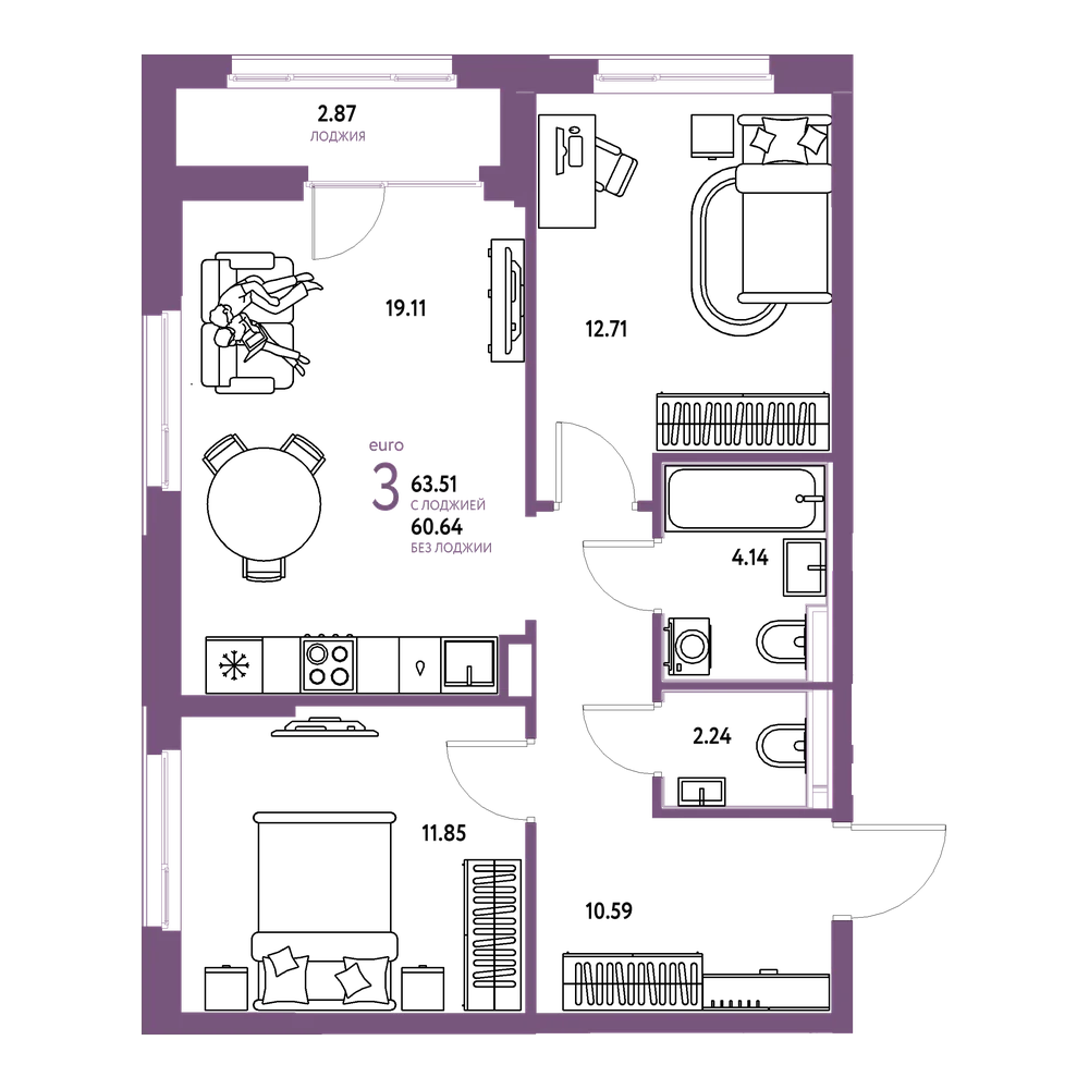 Планировка: Евротрёшка 64,22 м²