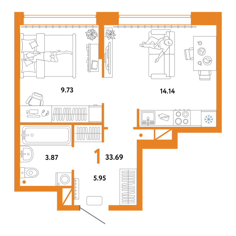 Планировка: 1-комнатная 33,69 м²