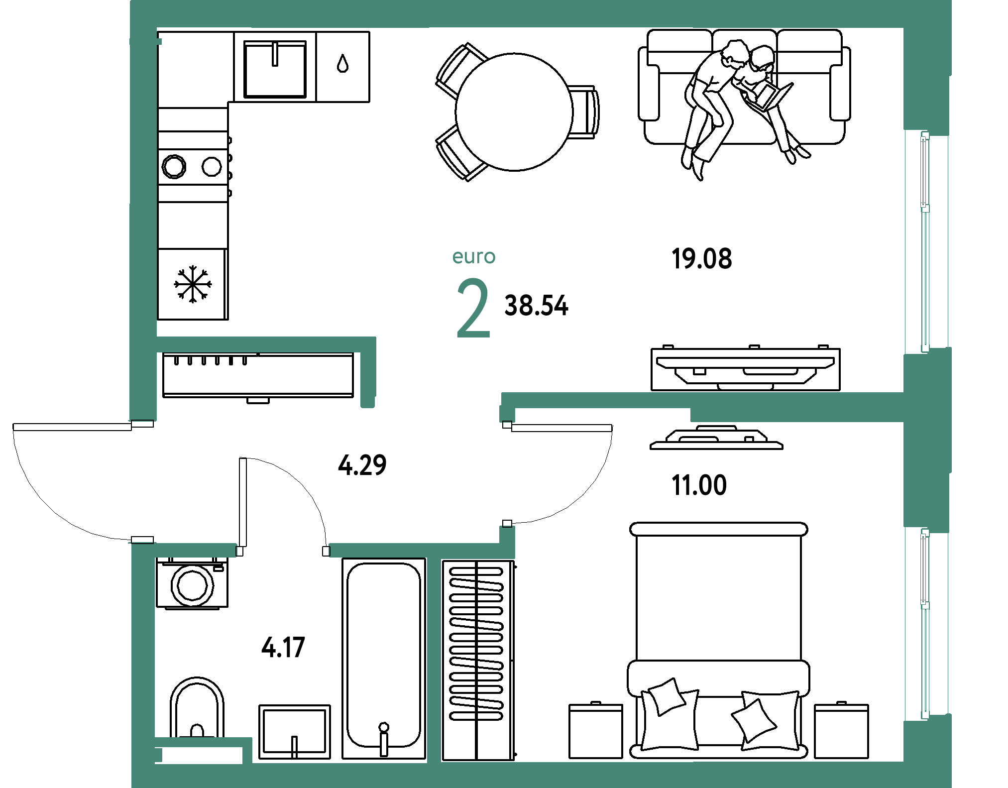 Планировка: Евродвушка 38,54 м² в ЖК «Остров-сад»