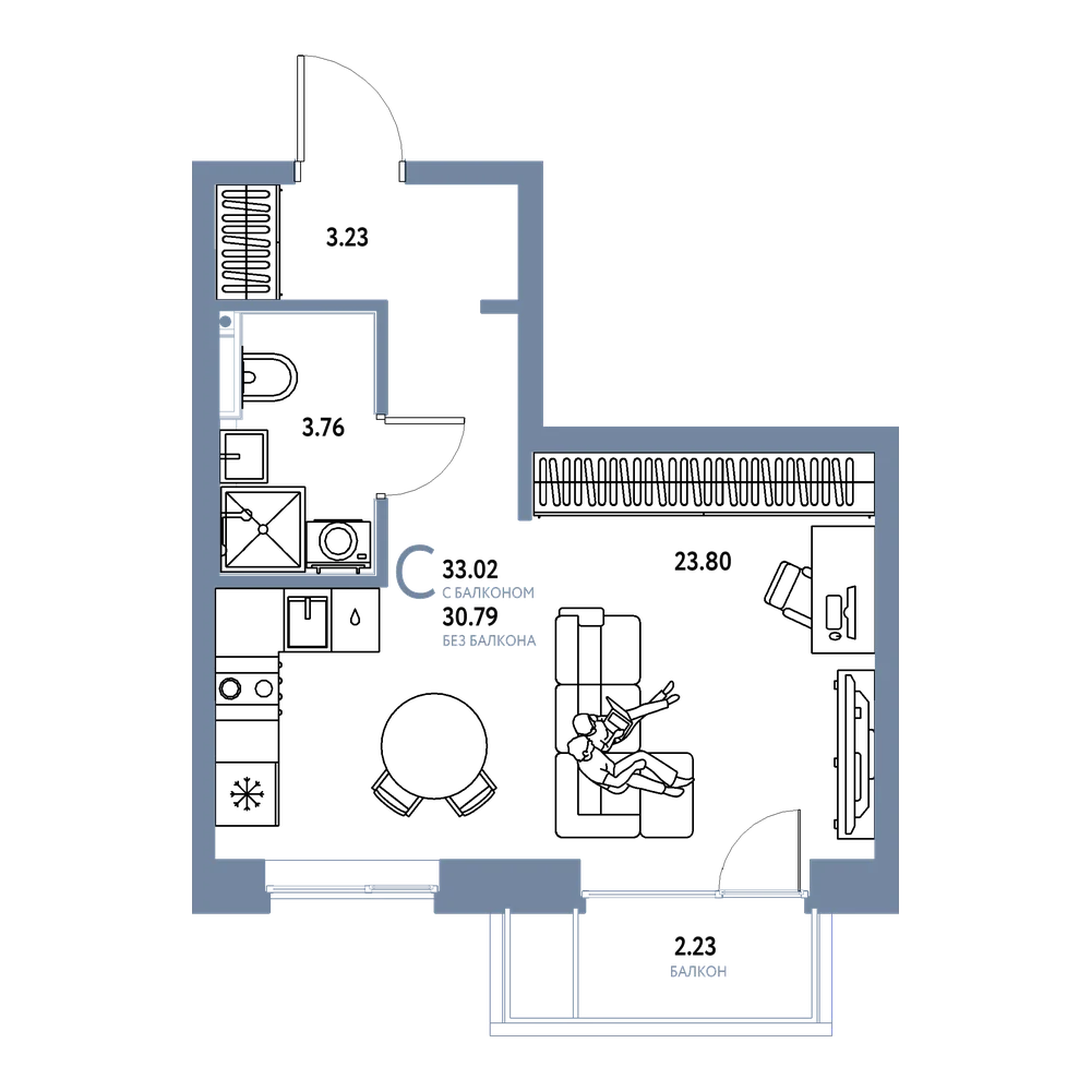 Планировка: Студия 33,02 м²