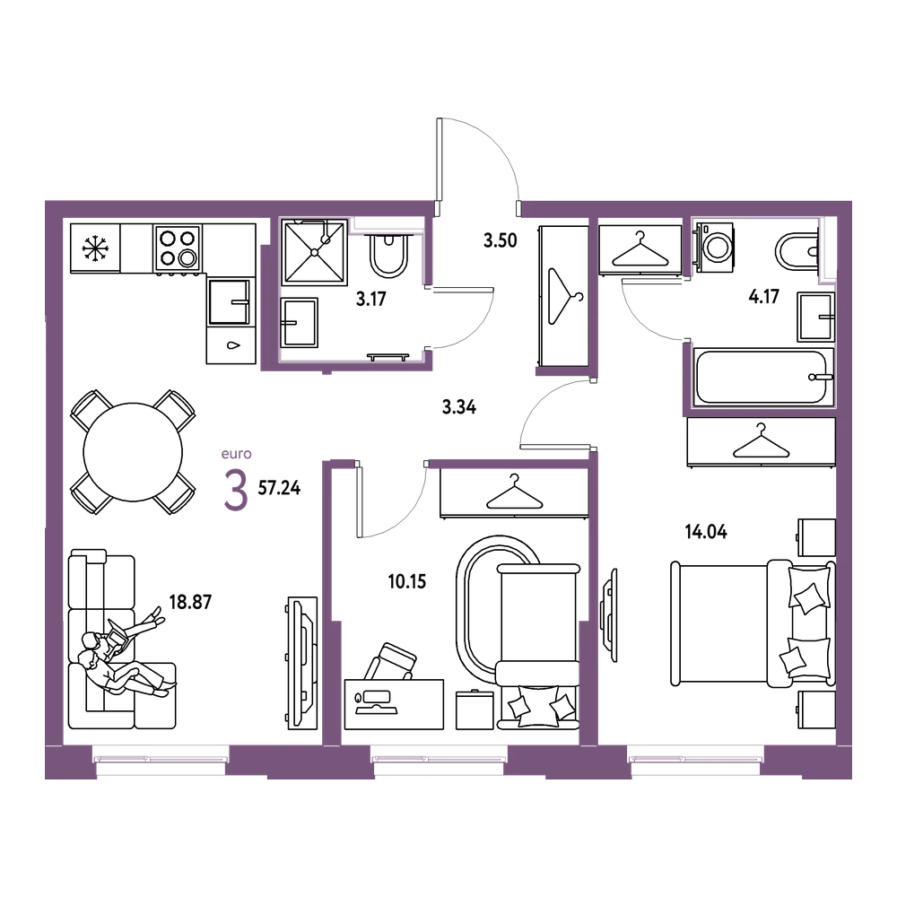 Планировка: Евротрёшка 57,24 м²