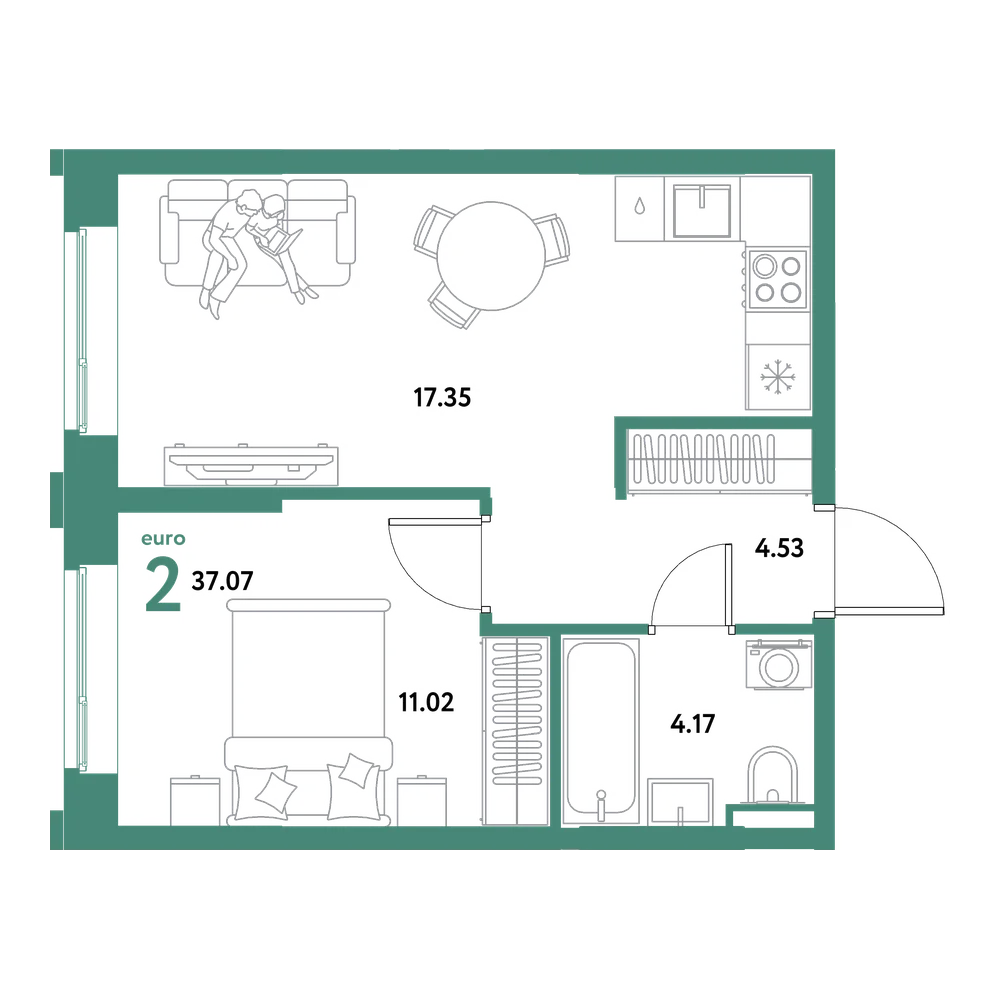 Планировка: Евродвушка 37,07 м²