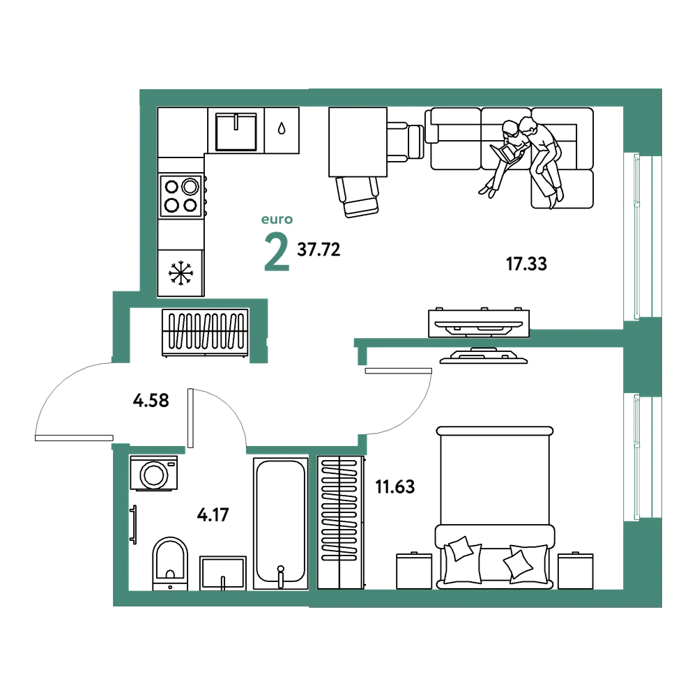 Планировка: Евродвушка 37,72 м²
