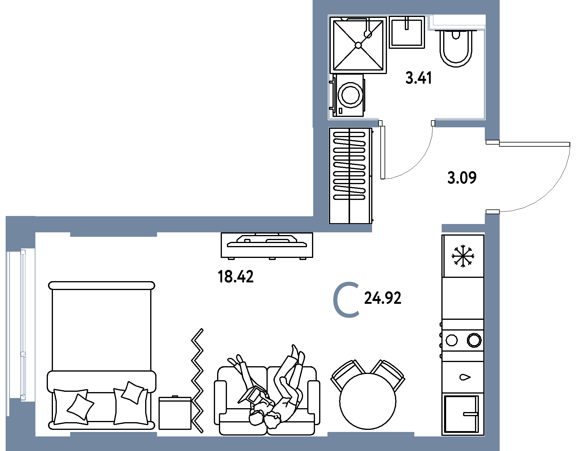 Планировка: Студия 24,92 м² в ЖК «Сердце Сибири»