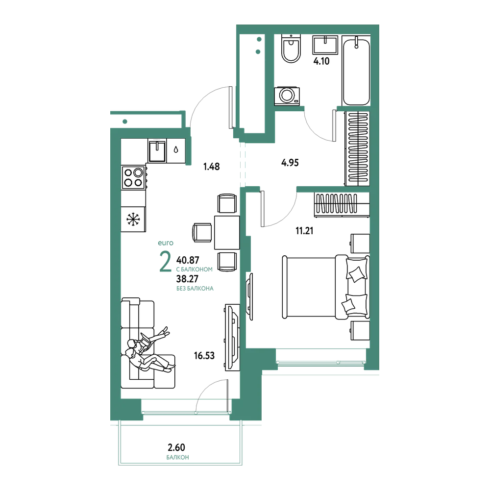 Планировка: Евродвушка 40,87 м²