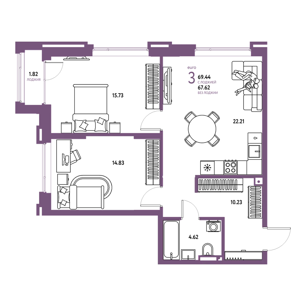 Планировка: Евротрёшка 69,44 м²
