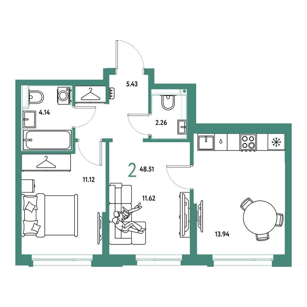 Планировка: 2-комнатная 48,51 м²