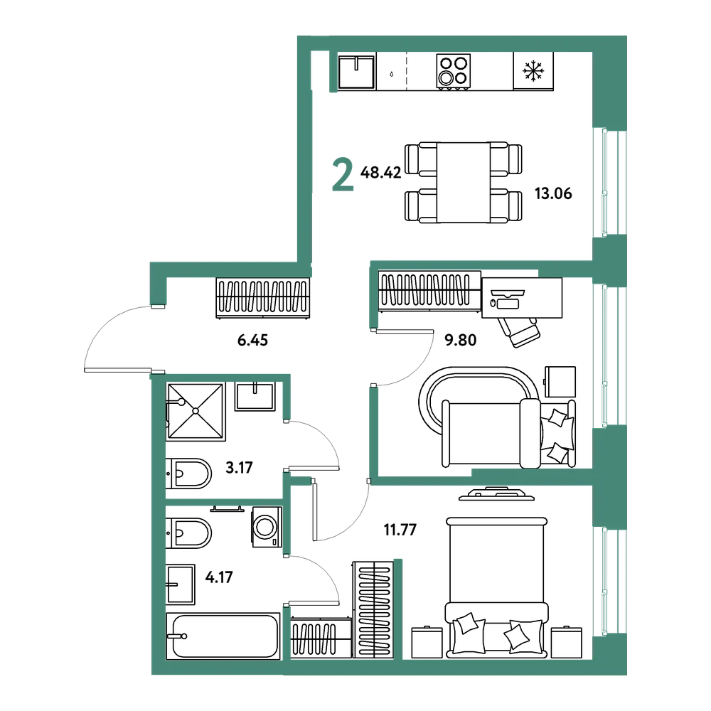 Планировка: 2-комнатная 48,42 м²