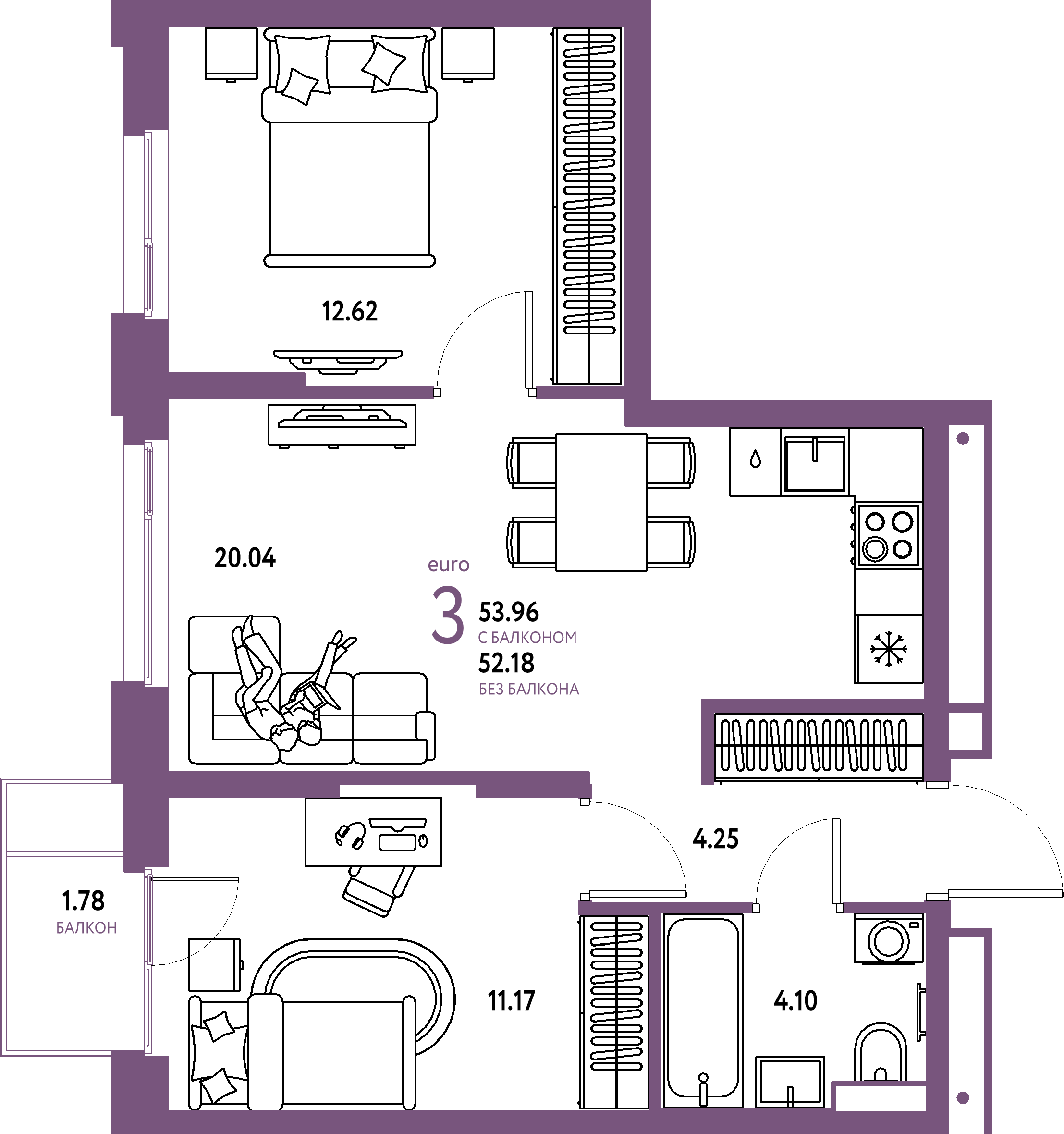 Планировка: Евротрёшка 53,96 м² в ЖК «Авторский»