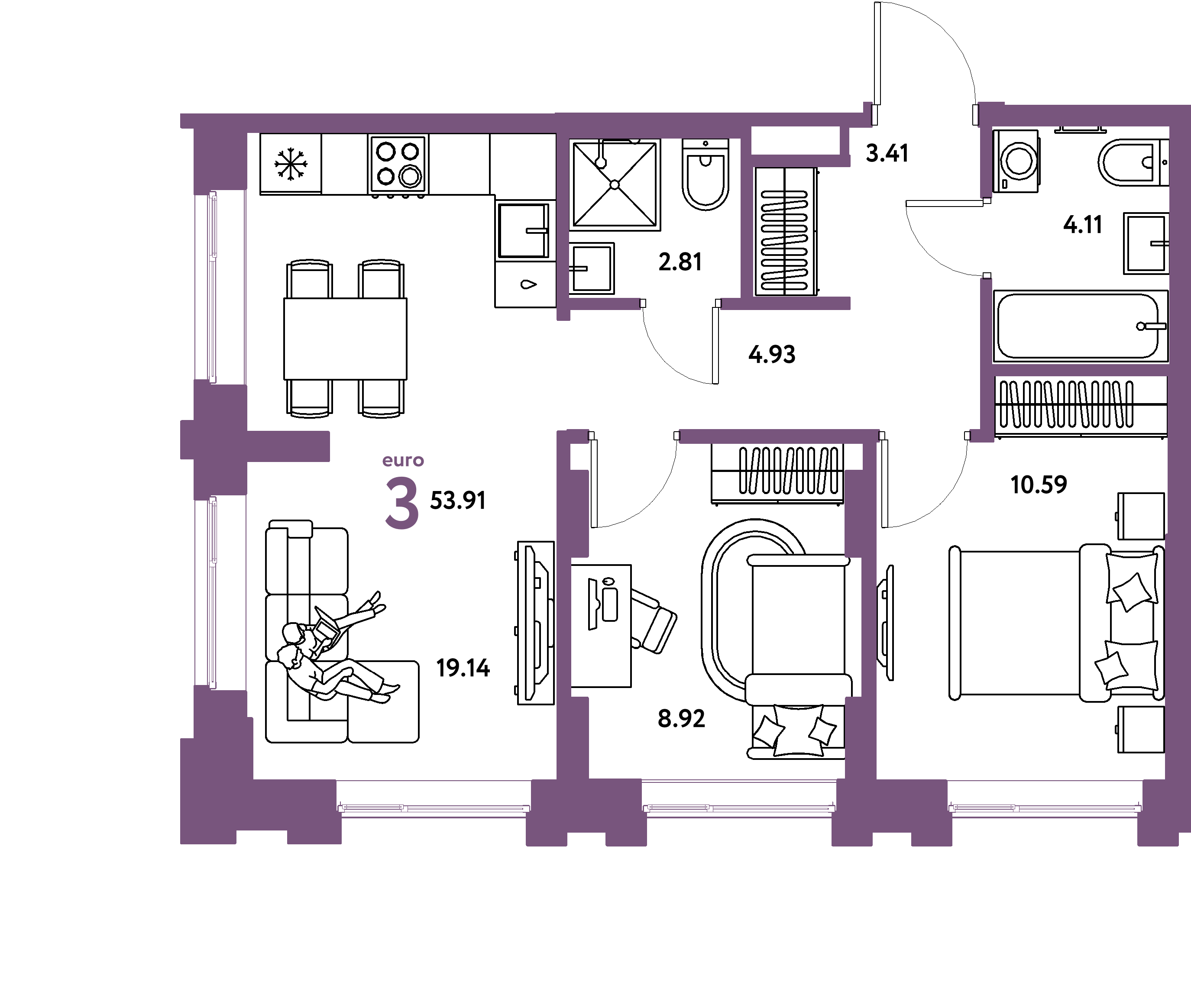 Планировка: Евротрёшка 53,91 м² в ЖК «Европейский берег 2.0»