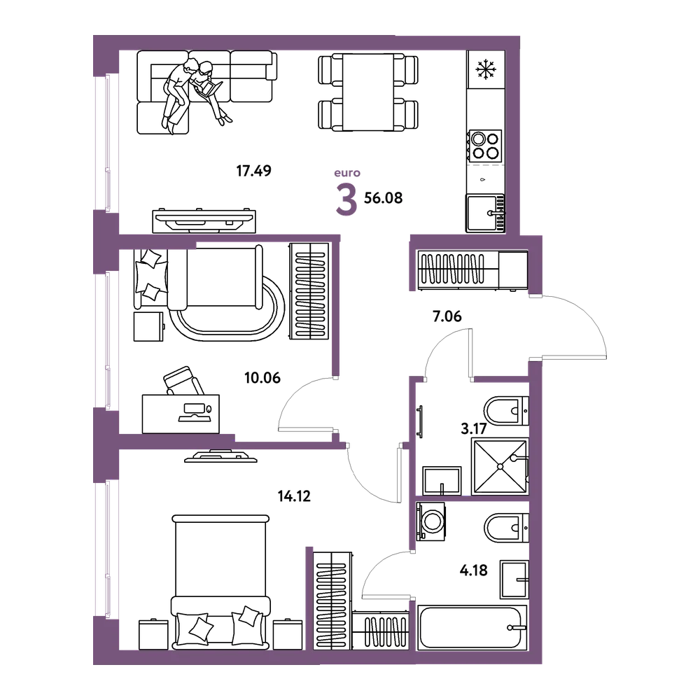 Планировка: Евротрёшка 56,08 м²