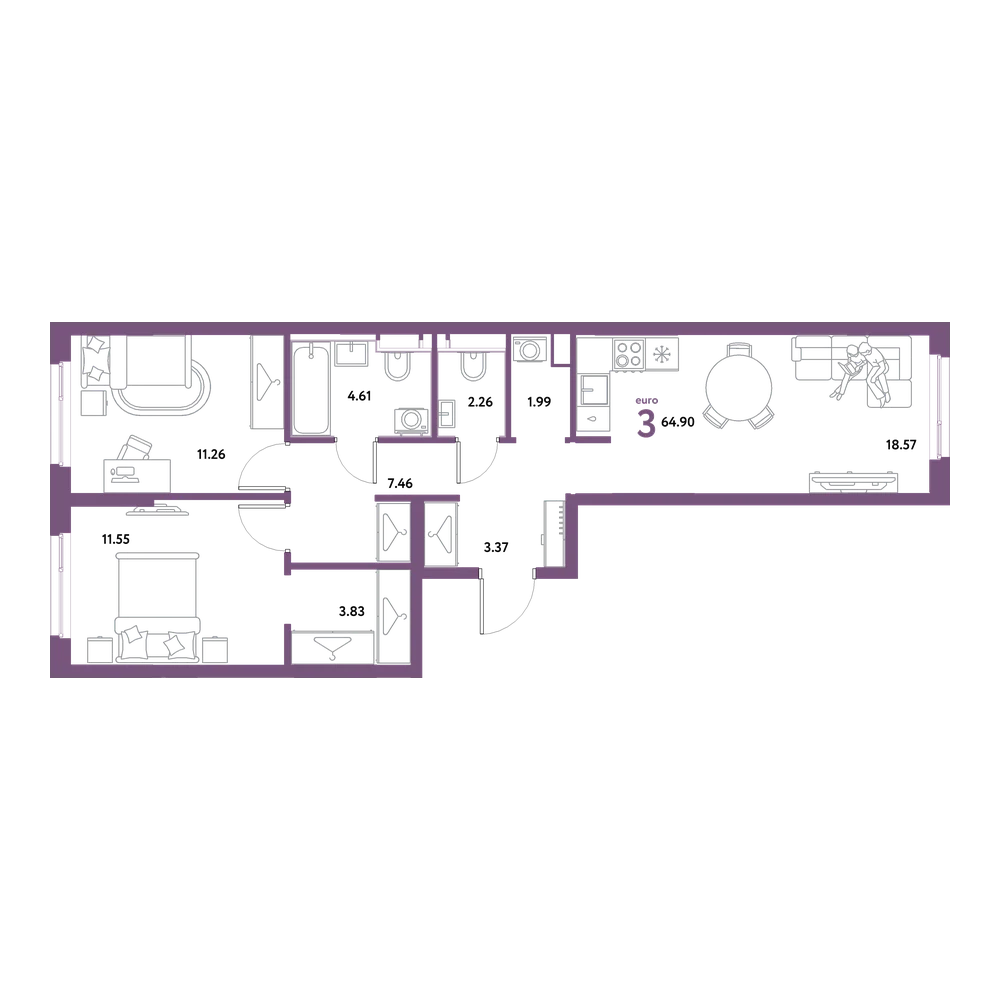 Планировка: Евротрёшка 64,9 м²