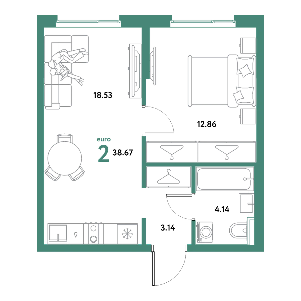 Планировка: Евродвушка 38,67 м²