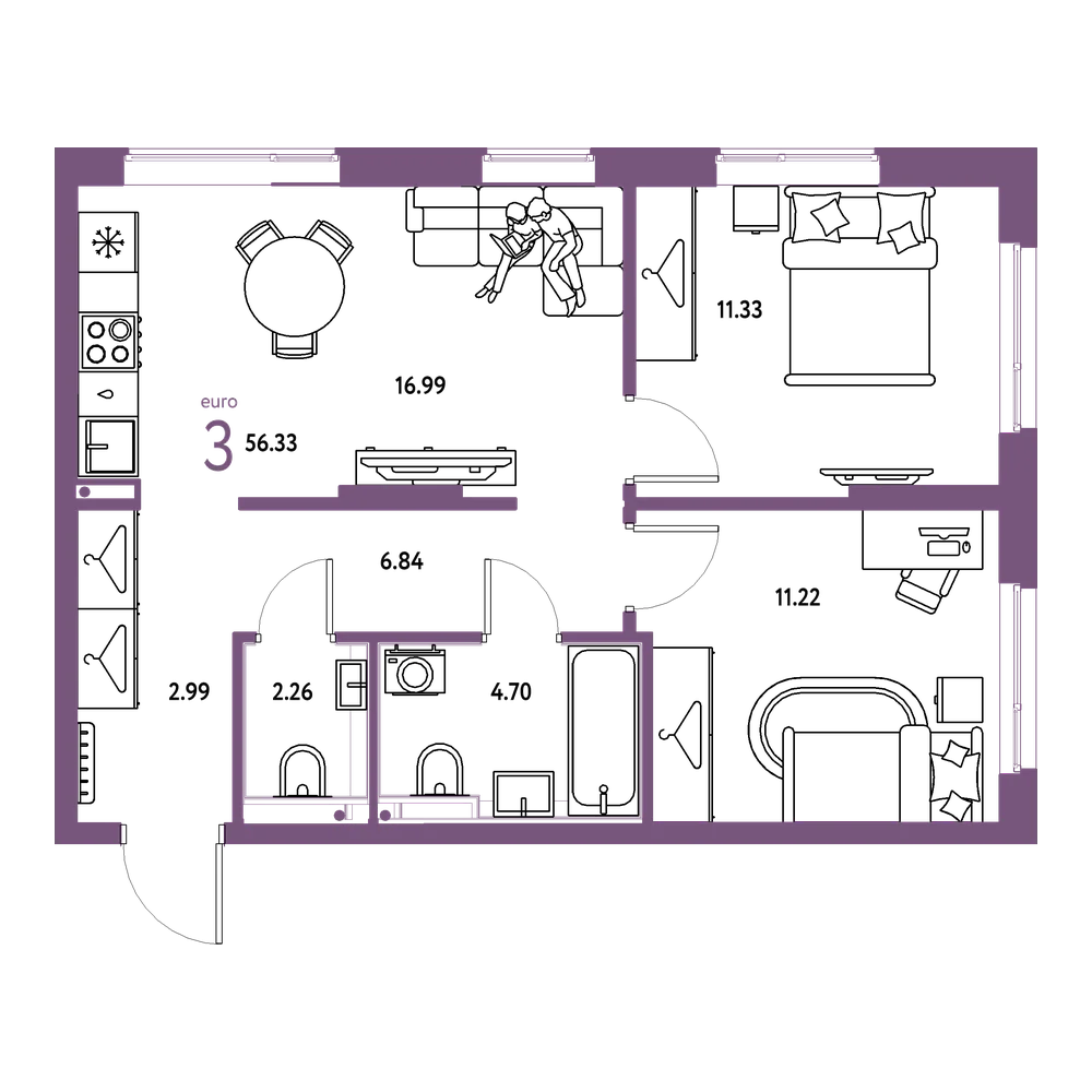 Планировка: Евротрёшка 56,33 м²