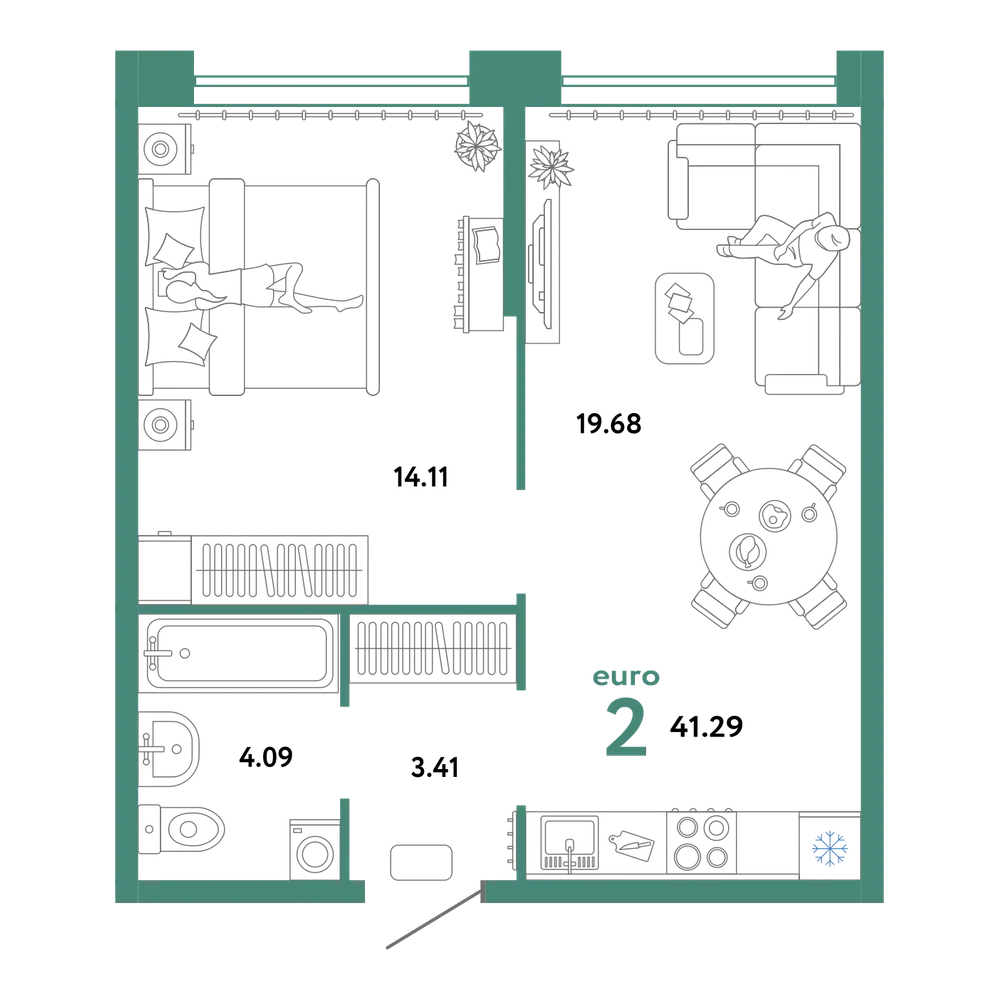 Планировка: Евродвушка 40,4 м²