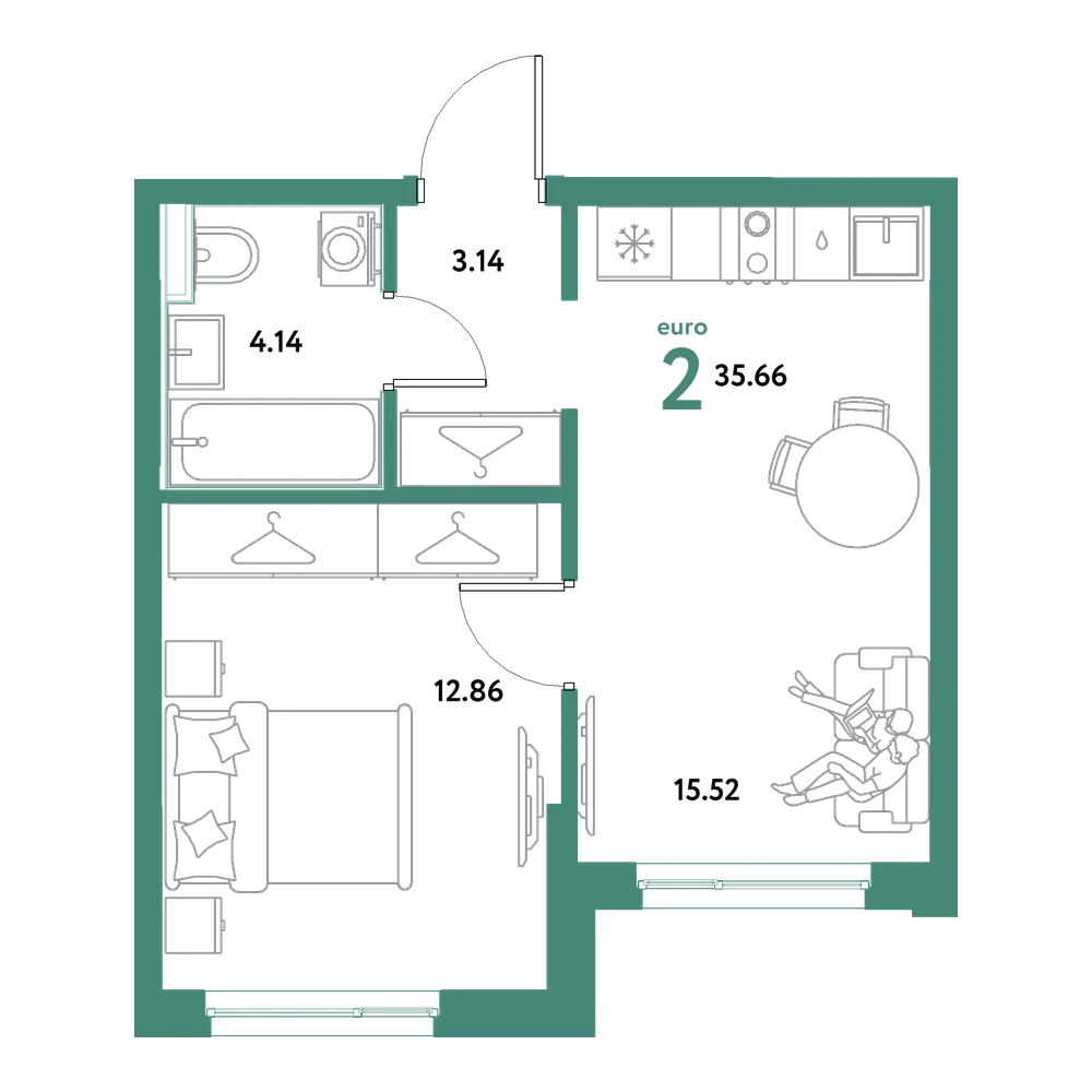 Планировка: Евродвушка 35,66 м²