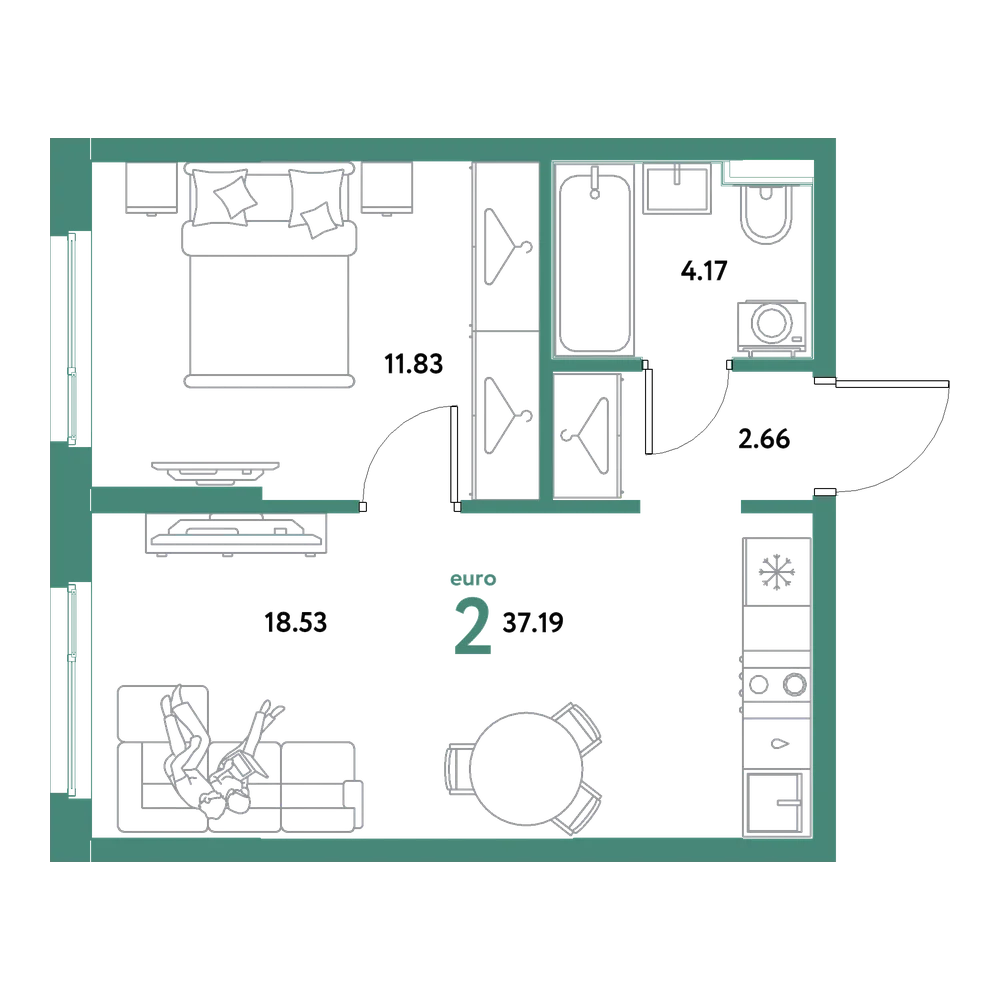 Планировка: Евродвушка 37,19 м²